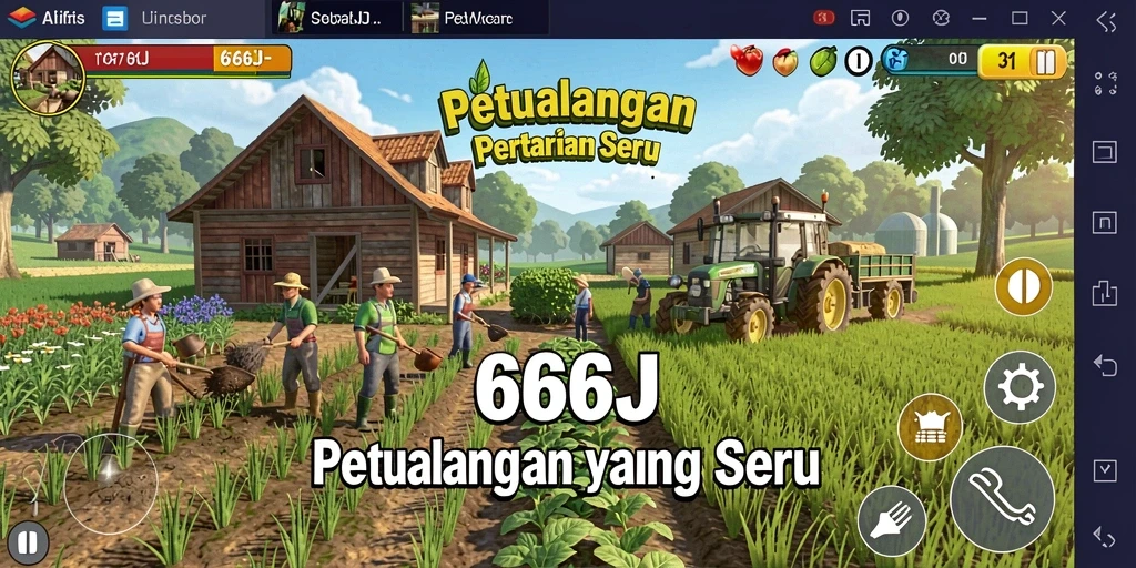 Screenshot menunjukkan gameplay menarik 666J dengan ladang yang subur dan hewan peliharaan yang ceria.