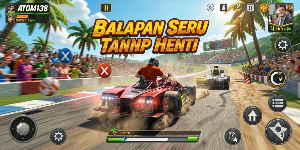 Screenshot game ATOM138 menampilkan aksi balapan yang mendebarkan.