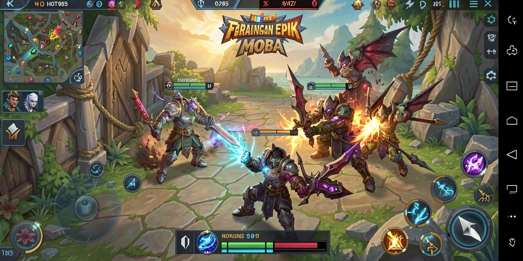 Tangkapan layar gameplay HOT985 menunjukkan pertarungan strategis antara tim.