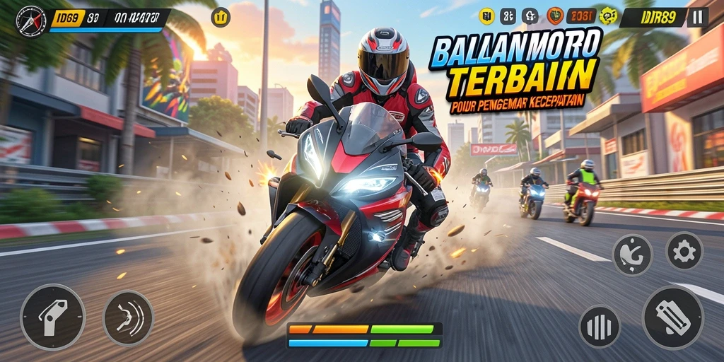 Tangkapan layar gameplay IDR89 menunjukkan aksi balapan motor yang seru dan mendebarkan.