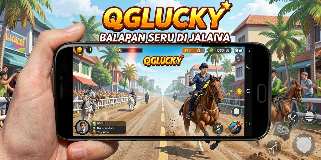 Screenshot menampilkan aksi balap seru di QGLUCKY dengan kendaraan yang cepat.