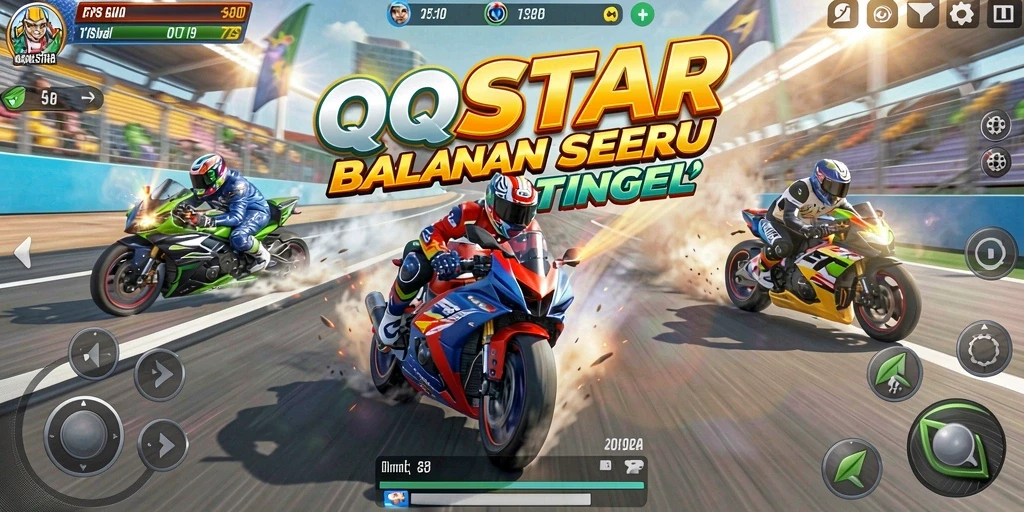 Screenshot gameplay QQSTAR menampilkan balapan mendebarkan di trek yang berliku.