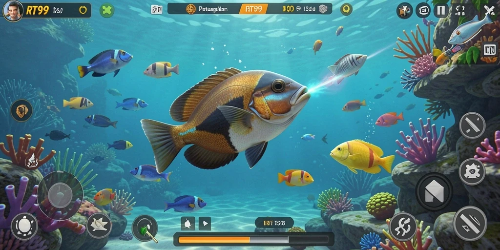 Tampilan gameplay RT99 yang seru dengan aksi menembak ikan.