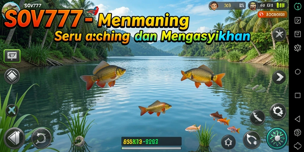 Tangkapan layar permainan <strong>SOV777</strong> menampilkan aksi memancing seru di laut.