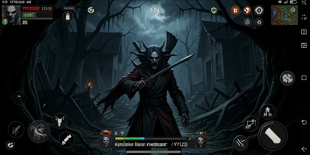 Screenshot gameplay YY123 menampilkan suasana horror yang kelam dan menegang.